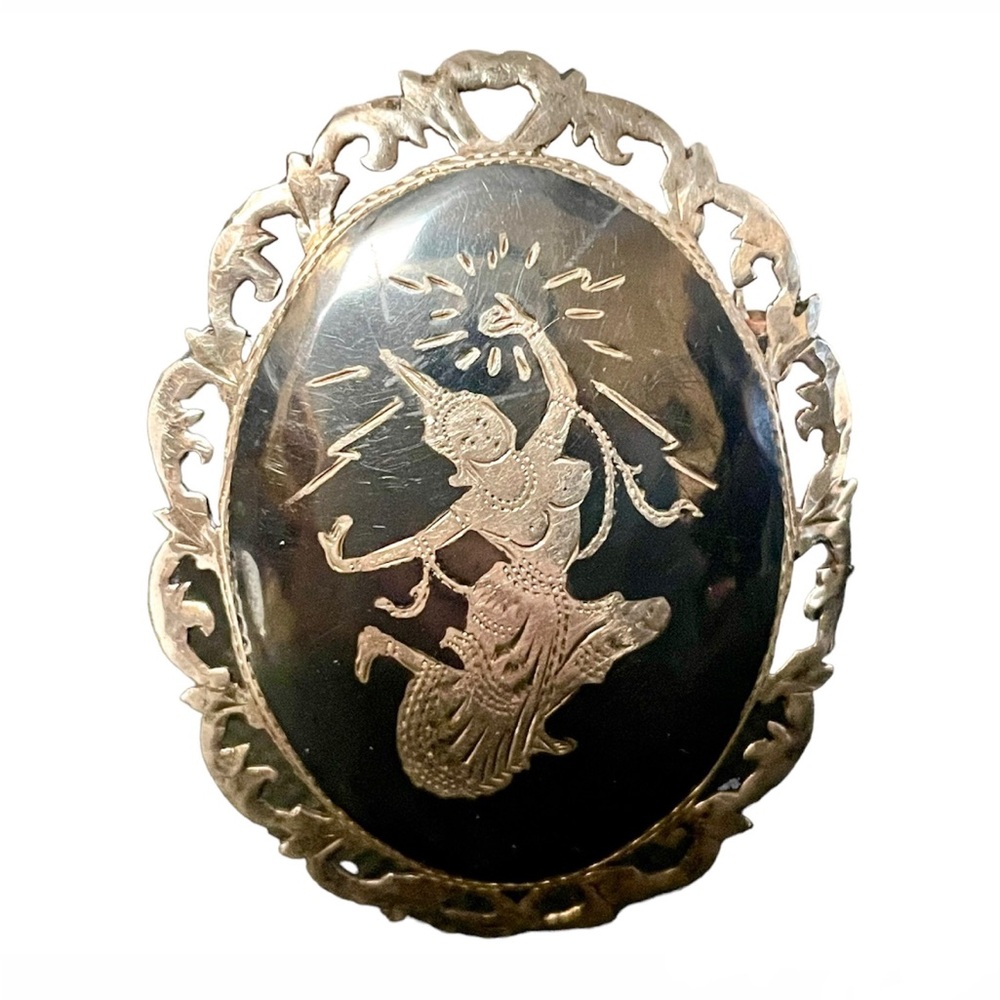 Vintage Mid-Century Siamese Sterling Silver Niello Brooch Pin